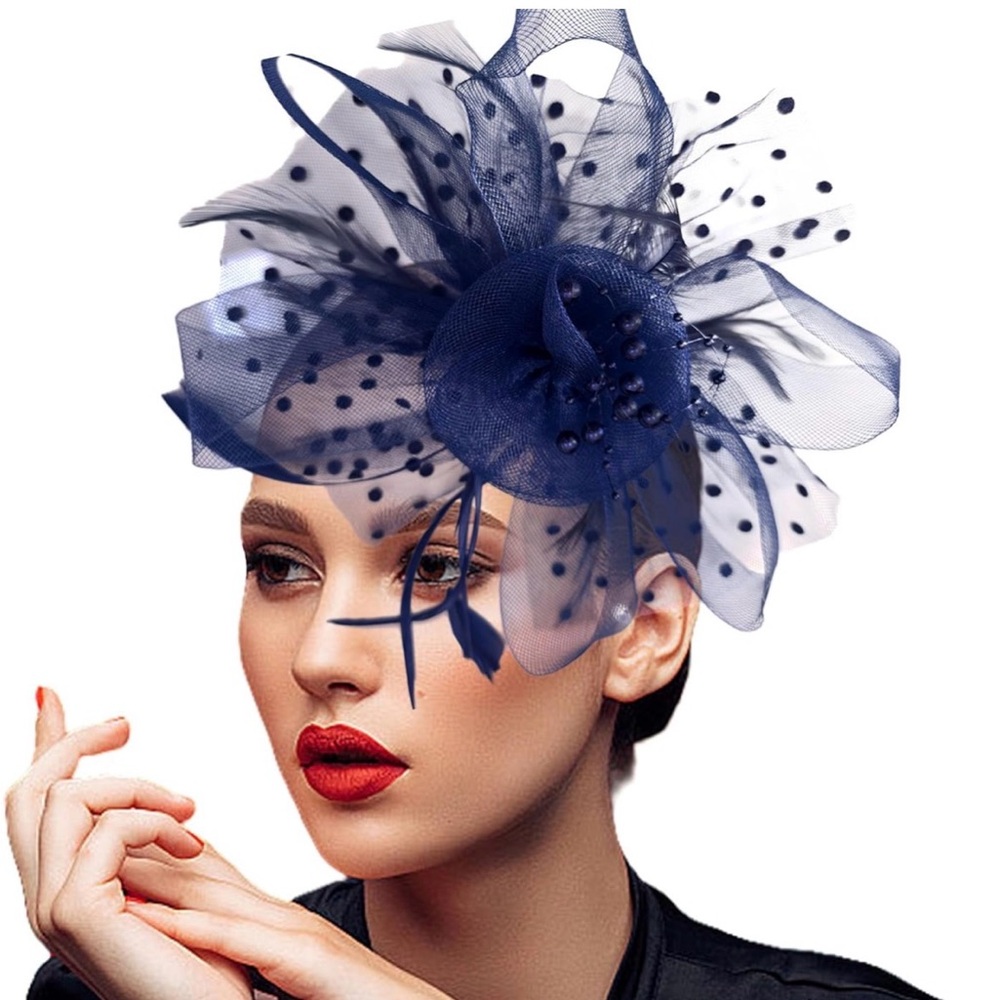 Navy Blue Floral Mesh Fascinator Headband - Picture 5 of 5